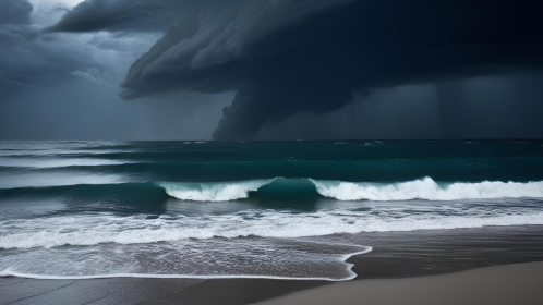 Picture of crashing waves hitting a beach and ominous storms on the horizon.
