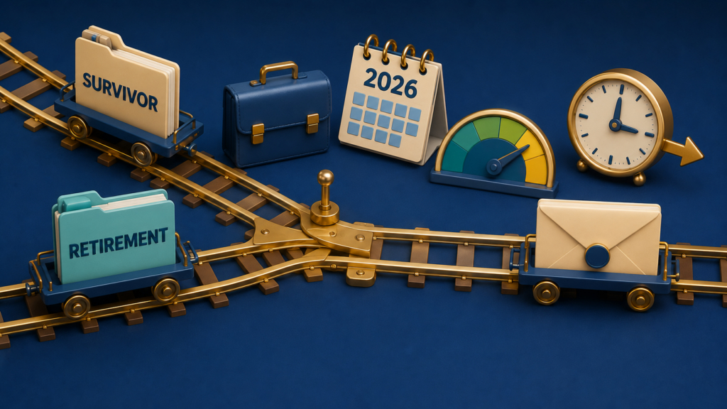 Cartoon railway switch showing survivor and retirement benefit folders merging into one payment lane beside work and timing symbols.