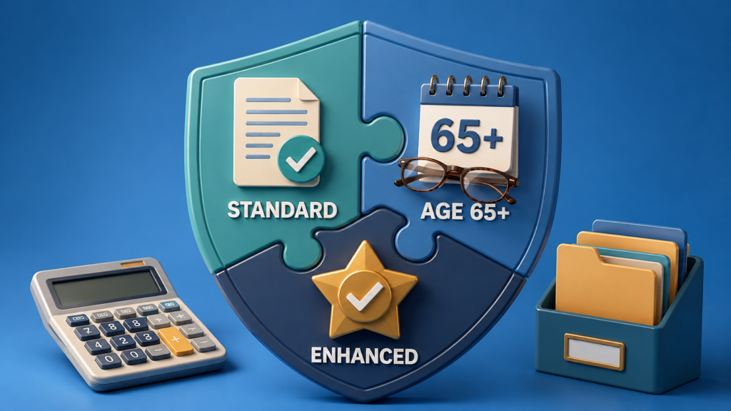 Cartoon shield made from three puzzle pieces representing the standard deduction, age-65 addition, and enhanced senior deduction.
