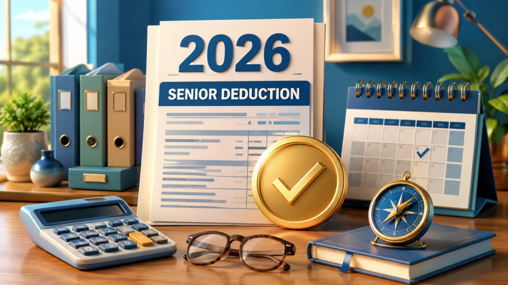 Cartoon illustration of a 2026 senior deduction tax form, calculator, calendar, glasses, and gold checkmark.