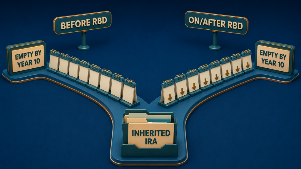 Cartoon two-lane inherited IRA timeline comparing deaths before and on or after the required beginning date.