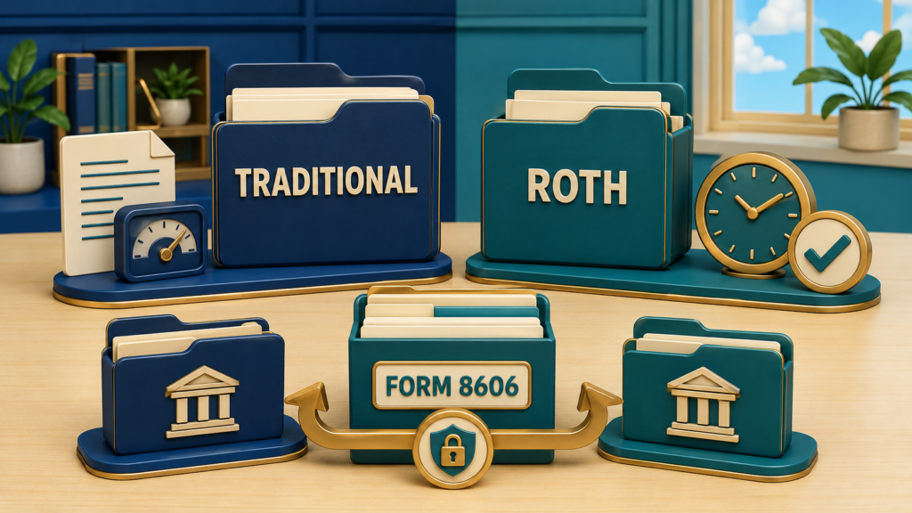 Cartoon comparison of traditional and Roth inherited IRA folders with Form 8606 records and direct-transfer arrows.