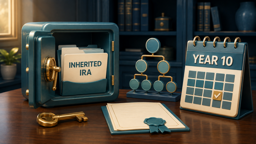 Cartoon illustration of an inherited IRA folder in a secure vault beside a beneficiary diagram, key, and year-ten calendar.