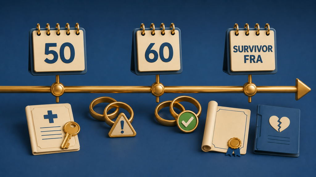 Cartoon timeline with age 50, age 60, survivor full retirement age, wedding rings, eligibility checks, and legal records.