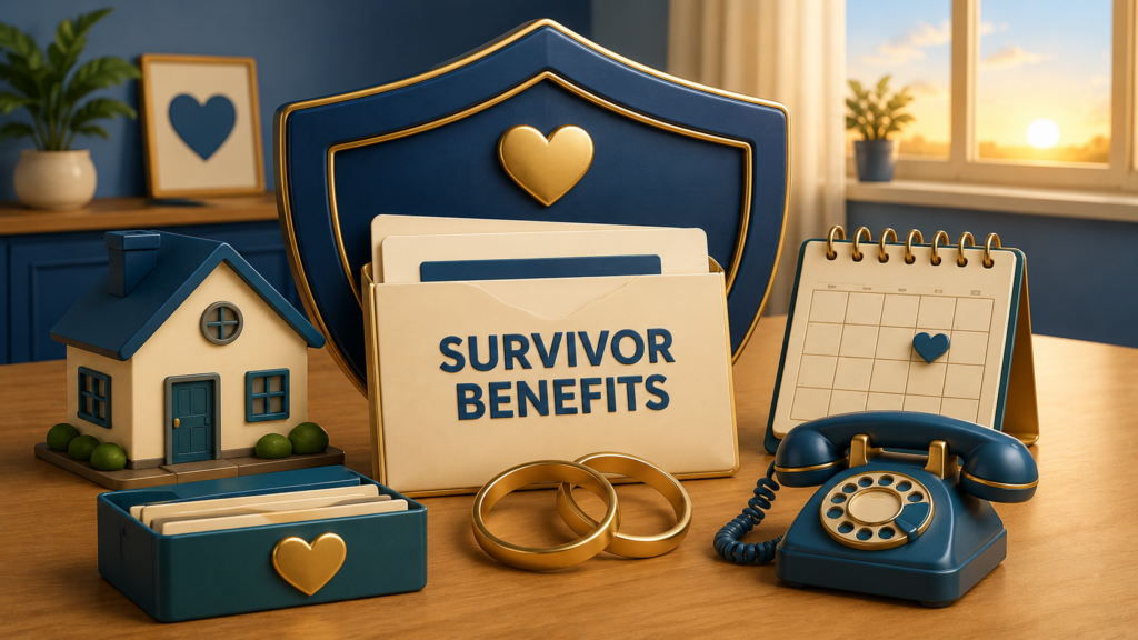 Cartoon illustration of a survivor-benefits folder protected by a shield beside wedding rings, a home, calendar, and telephone.